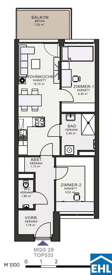 Grundriss einer Wohnung mit Wohnküche, zwei Zimmern, Bad, WC und Balkon.
