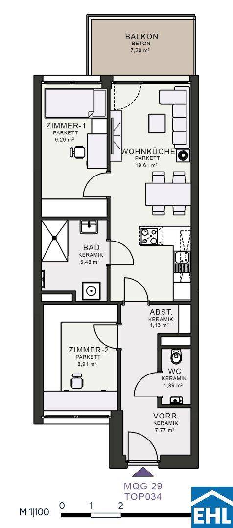 Grundriss einer Wohnung mit zwei Zimmern, offener Wohnküche, Bad, separatem WC und Balkon.