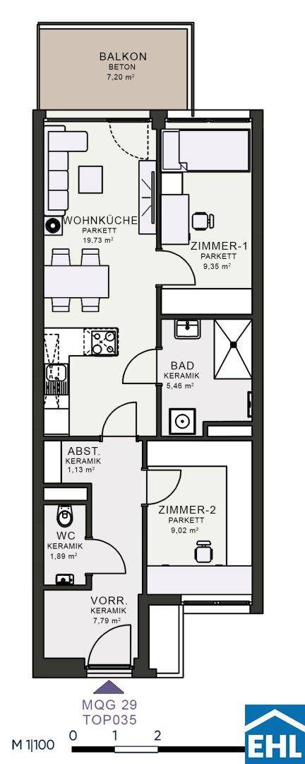Grundriss einer Wohnung mit Wohnküche, zwei Zimmern, Bad, WC und einem Balkon.