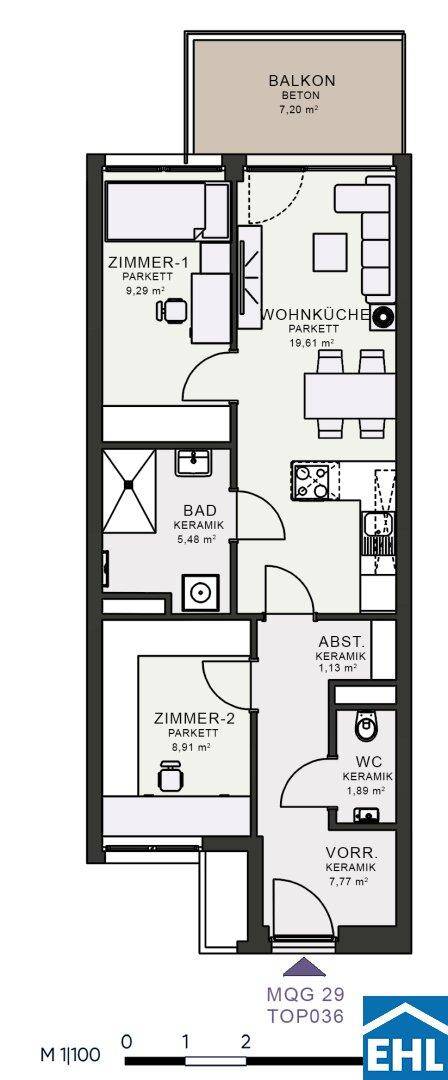 Grundriss einer Wohnung mit zwei Zimmern, Wohnküche, Bad, separatem WC und Balkon.