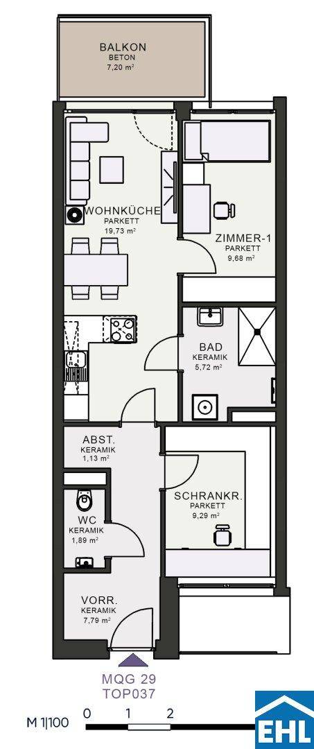 Detaillierter Grundriss einer Wohnung mit Wohnküche, Schlafzimmer und Balkon.
