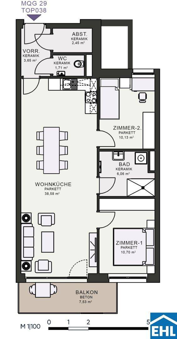 Grundriss einer Wohnung mit offener Wohnküche, zwei Zimmern, Bad, WC und Balkon.