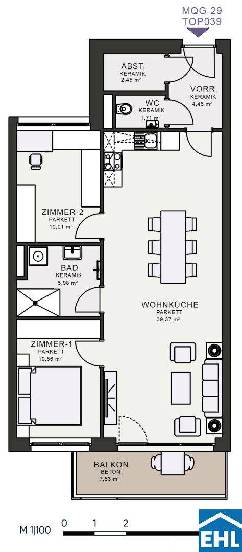 Grundriss einer Wohnung mit zwei Zimmern, Wohnküche, Bad und Balkon.