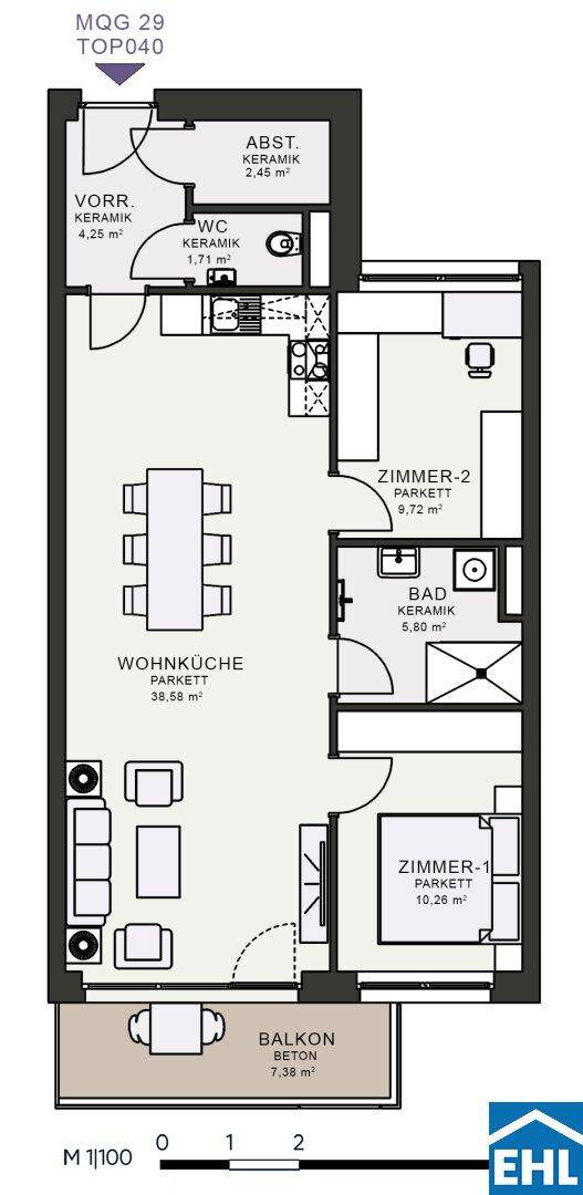 Grundriss einer Wohnung mit offenem Wohnbereich, zwei Schlafzimmern, Bad und Balkon.
