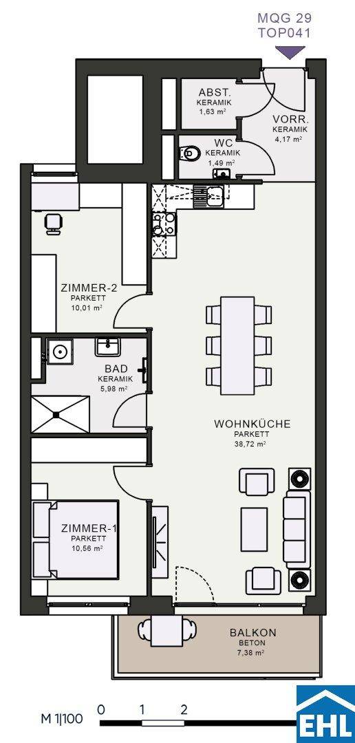 Grundriss einer Wohnung mit zwei Zimmern, offener Wohnküche und Balkon.