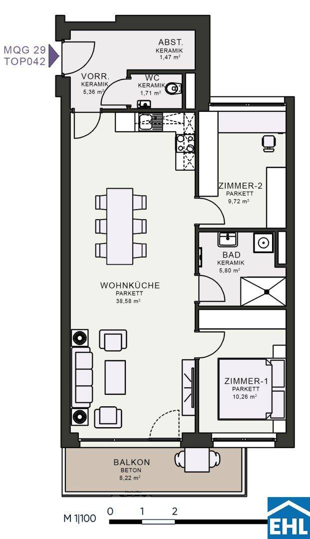 Grundriss einer Wohnung mit offener Wohnküche, zwei Zimmern, Bad, WC, Abstellraum und Balkon.