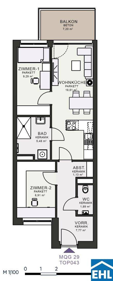 Grundriss einer Wohnung mit zwei Zimmern, Wohnküche, Bad, WC und Balkon.