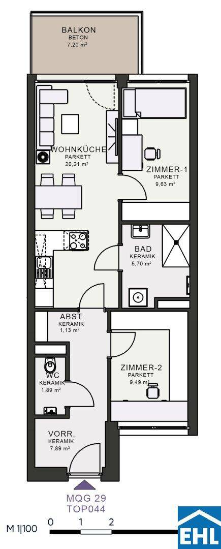 Grundriss einer Wohnung mit Wohnküche, zwei Zimmern, Bad und Balkon.