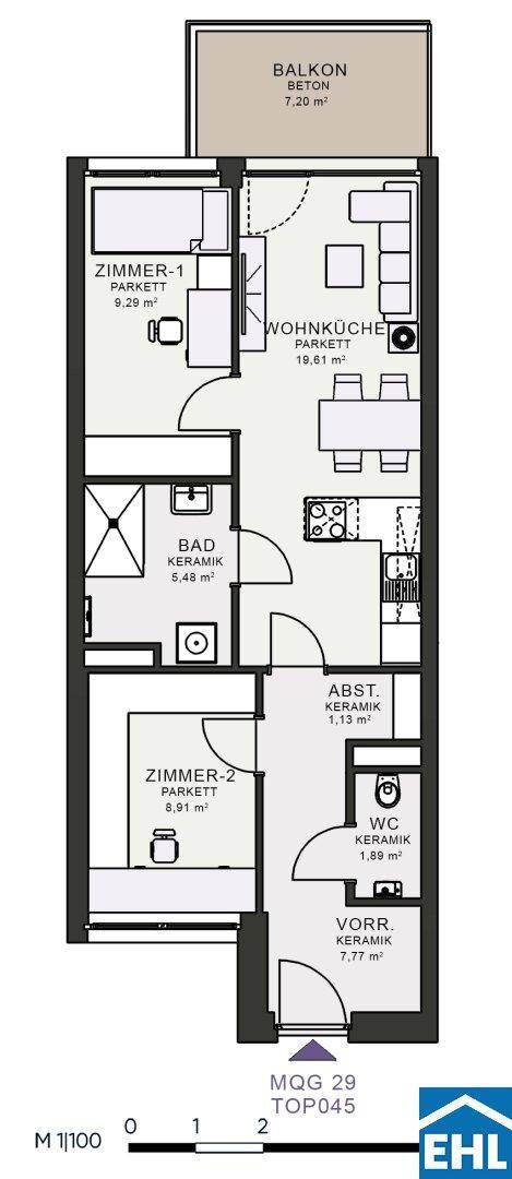 Grundriss einer Wohnung mit zwei Zimmern, Wohnküche, Bad, WC und Balkon.