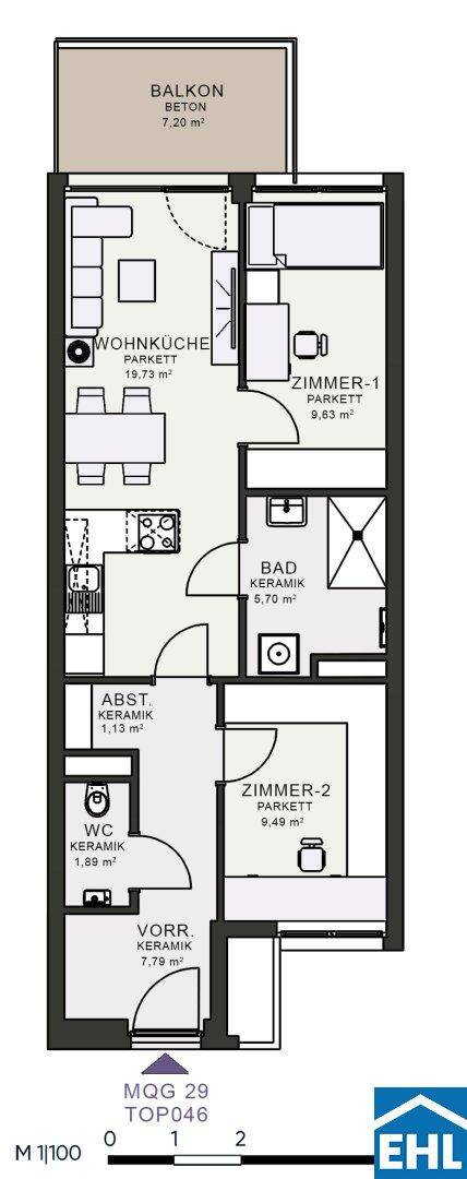 Grundriss einer Wohnung mit Wohnküche, zwei Zimmern, Bad und Balkon.