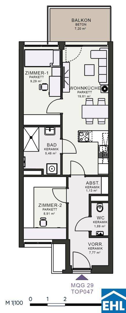 Grundriss einer Wohnung mit zwei Zimmern, Wohnküche, Bad, separatem WC und Balkon.