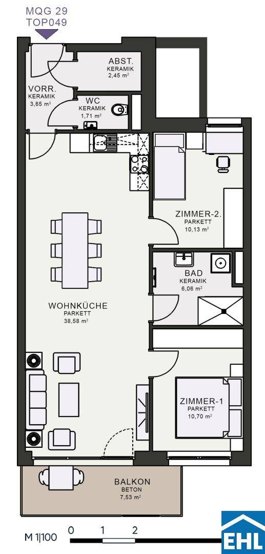 Grundriss einer Wohnung mit offener Wohnküche, zwei Zimmern und Balkon.