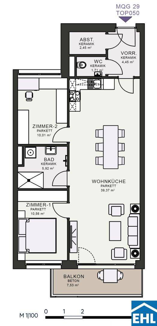 Grundriss einer Wohnung mit zwei Zimmern, Wohnküche, Bad, WC und Balkon.