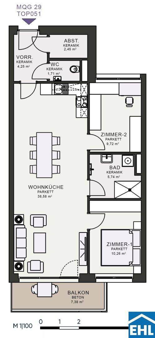 Grundriss einer Wohnung mit offener Wohnküche, zwei Zimmern, Bad, WC und Balkon.