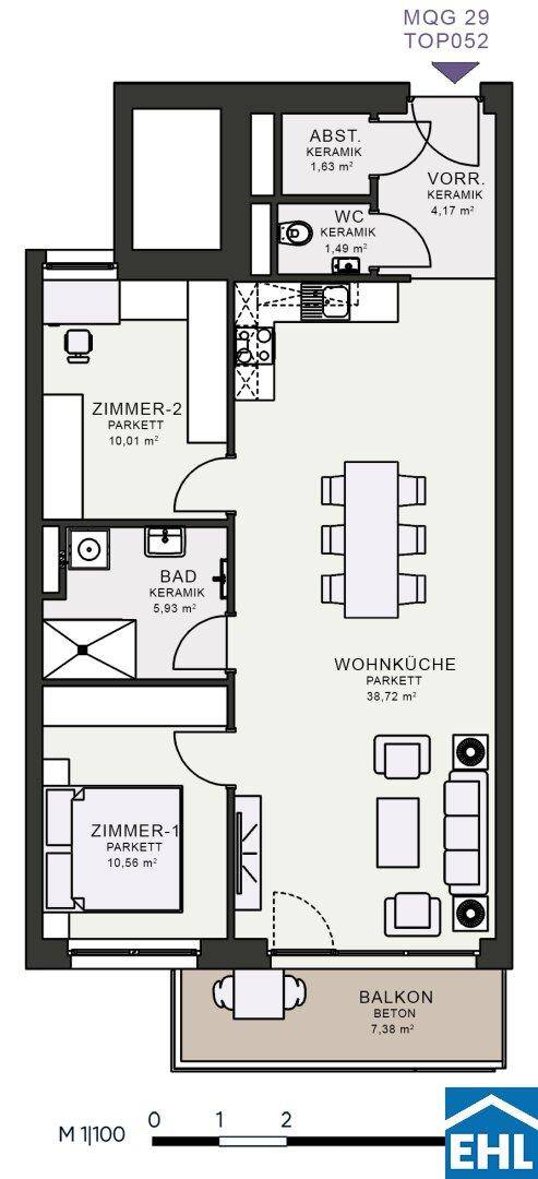 Grundriss einer Wohnung mit zwei Schlafzimmern, offener Wohnküche und Balkon.