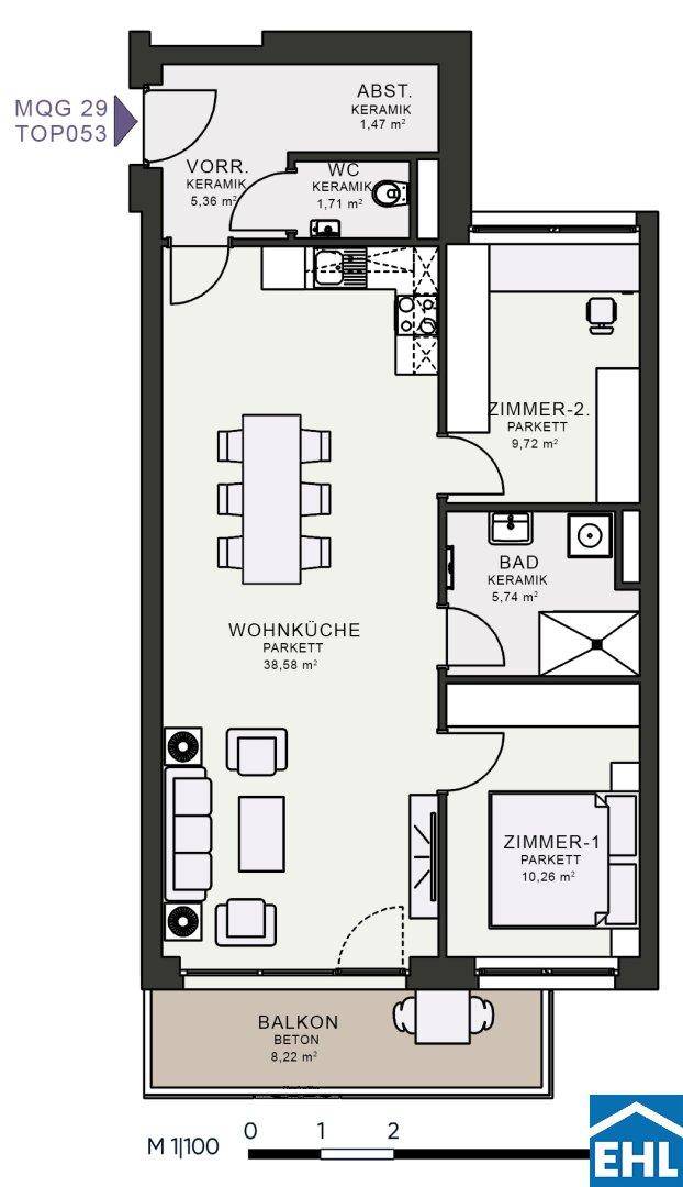 Grundriss einer Wohnung mit Wohnküche, zwei Zimmern und Balkon.