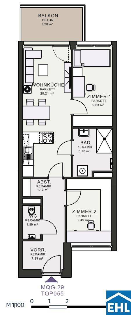 Grundriss einer Wohnung mit zwei Zimmern, Wohnküche und Balkon.