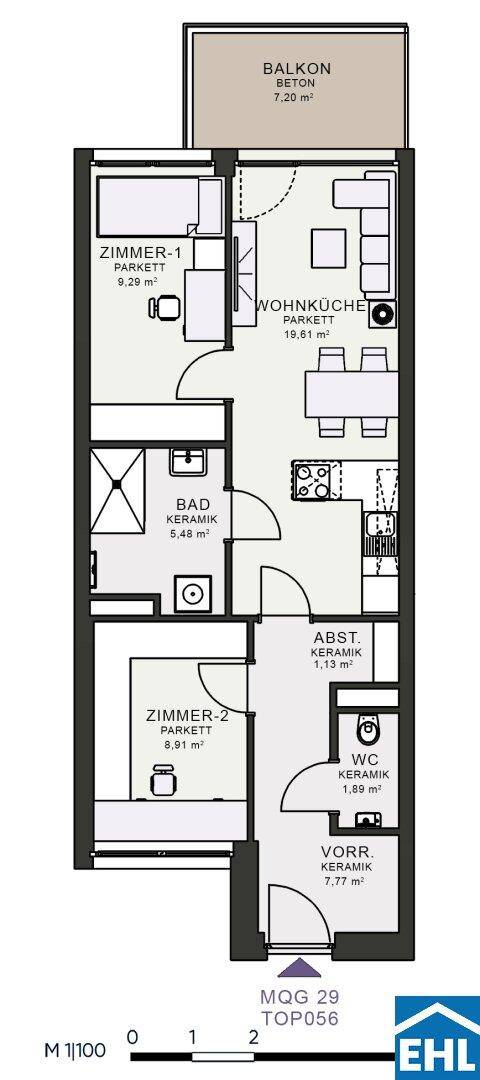 Detaillierter Grundriss einer Wohnung mit zwei Zimmern, Wohnküche, Bad und Balkon.