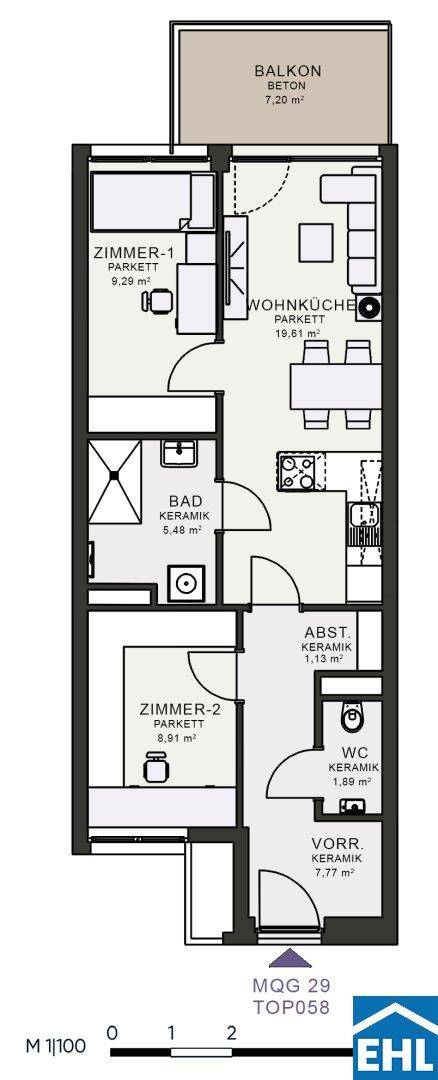Detaillierter Grundriss einer Wohnung mit zwei Zimmern, offener Wohnküche und Balkon.
