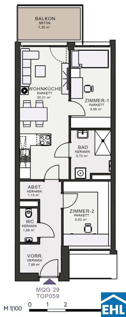 Detaillierter Grundriss einer Wohnung mit Wohnküche, zwei Zimmern und Balkon.