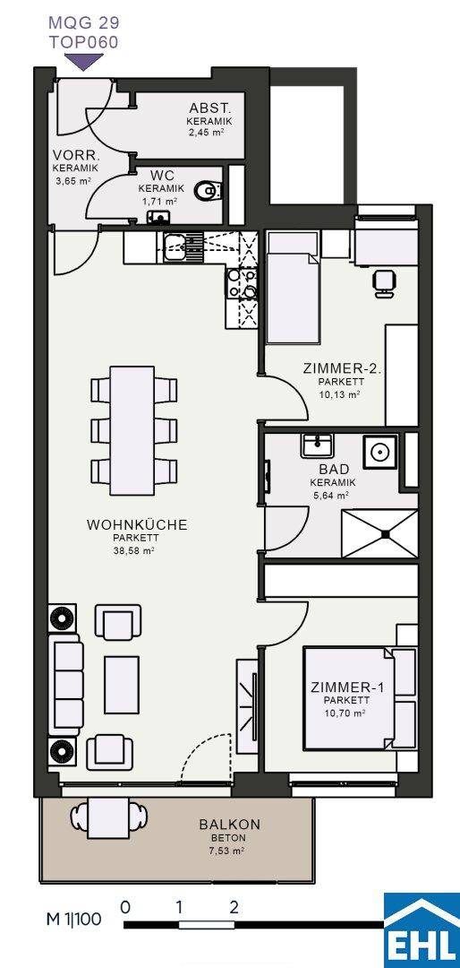 Grundriss einer Wohnung mit Wohnküche, zwei Zimmern, Bad, WC und Balkon.