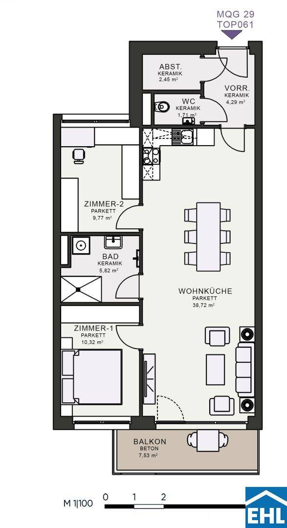 Grundriss einer Wohnung mit offener Wohnküche, zwei Zimmern, Bad, WC und Balkon.