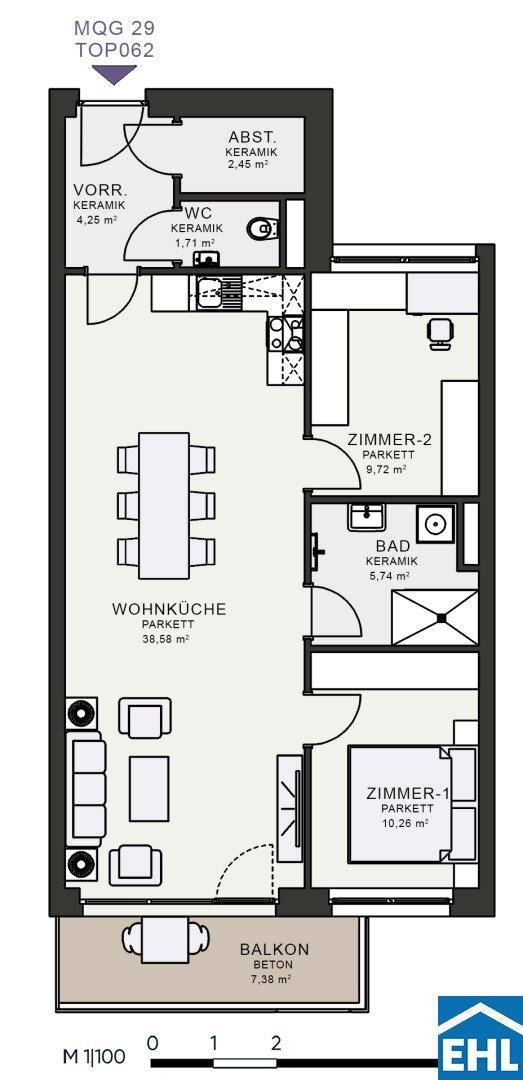 Grundriss einer Wohnung mit offener Wohnküche, zwei Schlafzimmern, Bad, WC und Balkon.