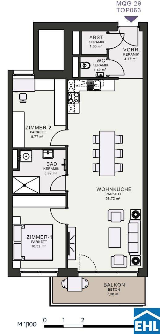 Detaillierter Grundriss einer Wohnung mit zwei Schlafzimmern, Balkon und separatem WC.