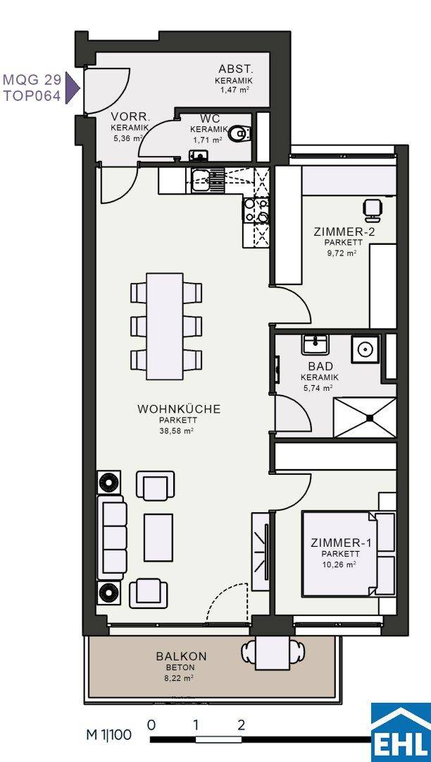 Grundriss einer Wohnung mit offener Wohnküche, zwei Zimmern, Bad, WC und einem Balkon.