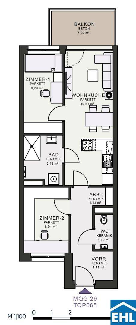 Grundriss einer Wohnung mit zwei Zimmern, Wohnküche, Bad, WC und Balkon.
