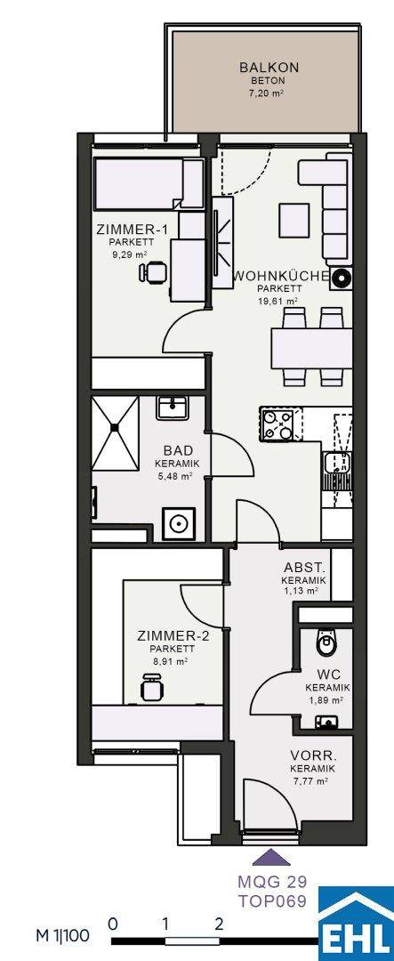 Detaillierter Grundriss einer Wohnung mit zwei Zimmern, Wohnküche, Bad und Balkon.