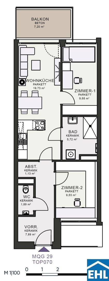 Grundriss einer Wohnung mit Wohnküche, zwei Zimmern und Balkon.