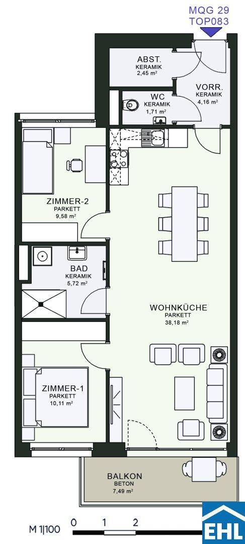 Detaillierter Grundriss einer Wohnung mit zwei Schlafzimmern, offener Wohnküche und einem Balkon.