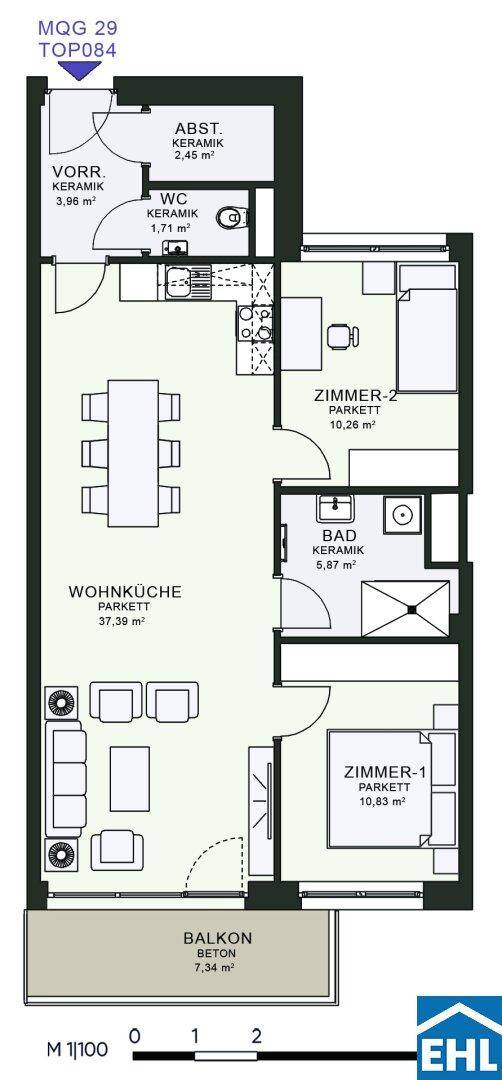Grundriss einer Wohnung mit Wohnküche, zwei Schlafzimmern und Balkon.