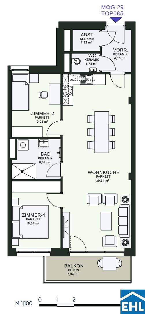 Detaillierter Grundriss einer Wohnung mit Wohnküche, zwei Zimmern und Balkon.