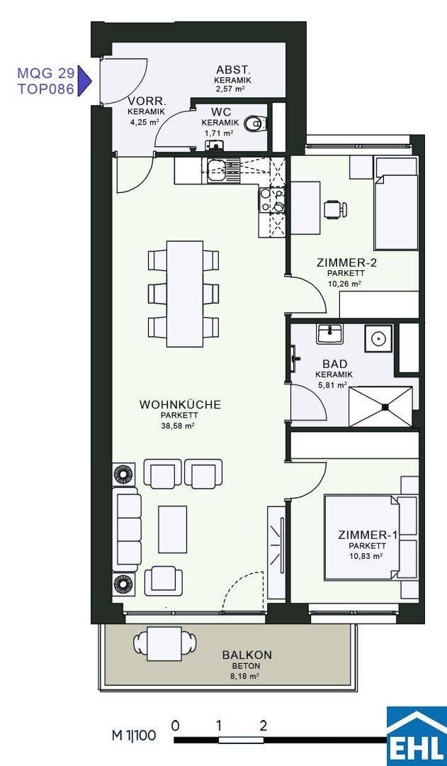 Detaillierter Grundriss einer Wohnung mit Wohnküche, zwei Schlafzimmern und Balkon.