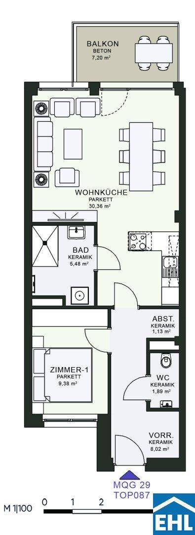 Grundriss einer Wohnung mit Wohnküche, Schlafzimmer, Bad, WC und Balkon.