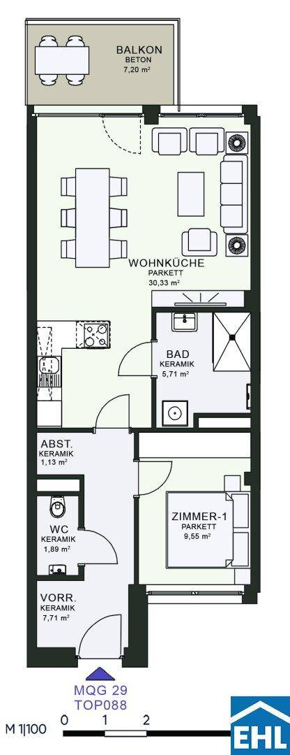Detaillierter Grundriss einer Wohnung mit Wohnküche, Bad, WC und Balkon.