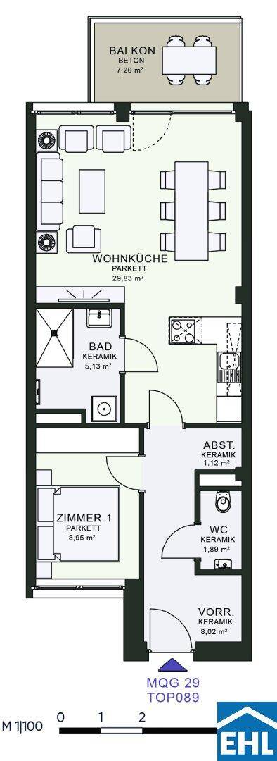 Grundriss einer Wohnung mit Wohnküche, Schlafzimmer, Bad, WC und Balkon.