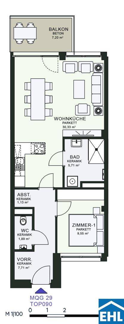 Detaillierter Grundriss einer Wohnung mit Wohnküche, Bad, WC, Schlafzimmer und Balkon.