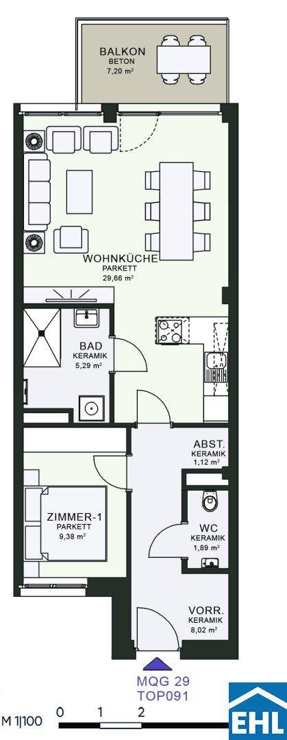 Grundriss einer Wohnung mit offener Wohnküche, einem Schlafzimmer, Bad und Balkon.