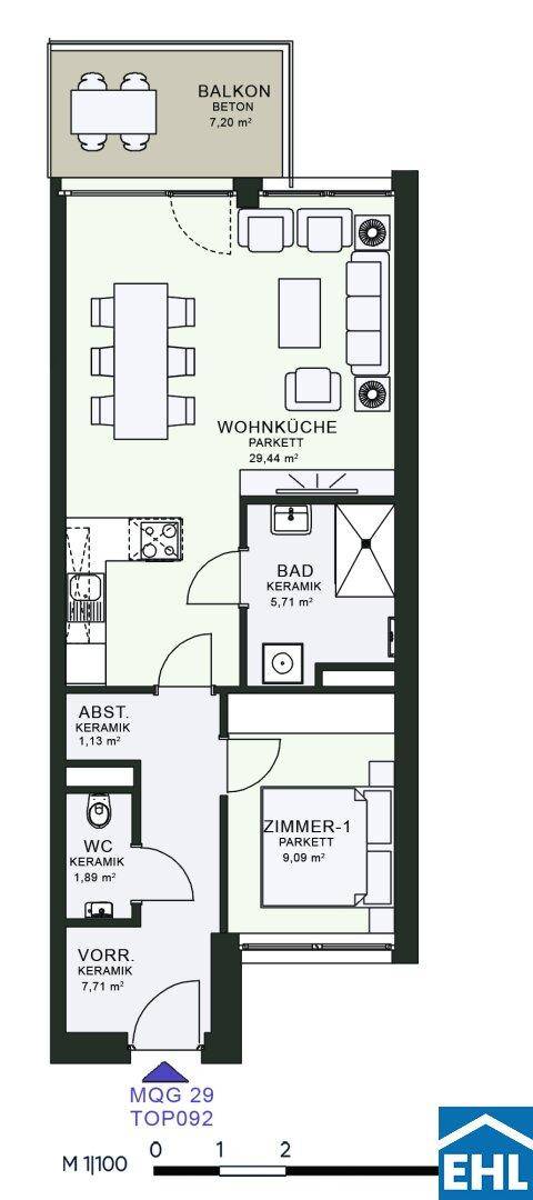 Grundriss einer Wohnung mit Wohnküche, Schlafzimmer, Bad und Balkon.