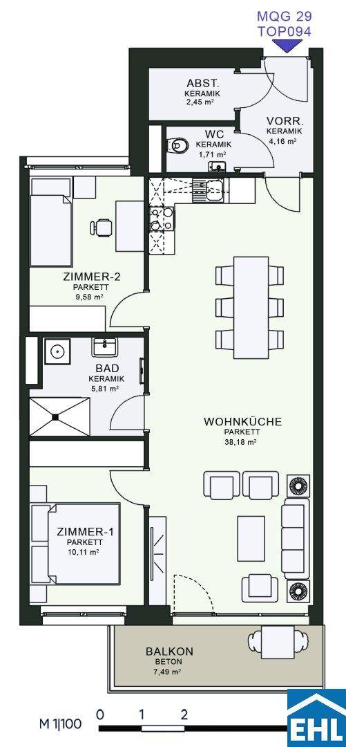 Grundriss einer Wohnung mit zwei Schlafzimmern, Wohnküche, Bad, WC und Balkon.