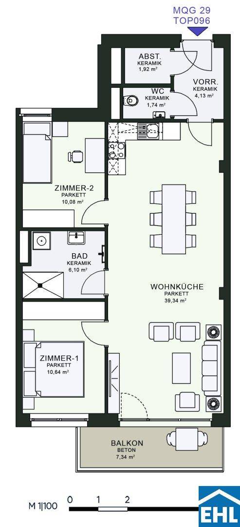 Grundriss einer Wohnung mit zwei Schlafzimmern, offener Wohnküche und Balkon.