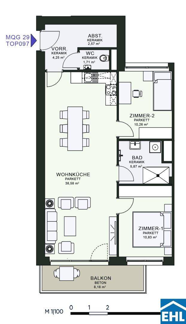 Grundriss einer Wohnung mit offener Wohnküche, zwei Zimmern und Balkon.
