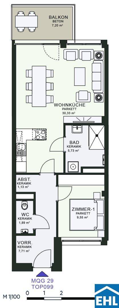 Detaillierter Grundriss einer Wohnung mit Wohnküche, Schlafzimmer, Bad und Balkon.