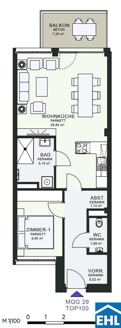 Grundriss einer Wohnung mit Wohnküche, Schlafzimmer, Bad, WC und Balkon.