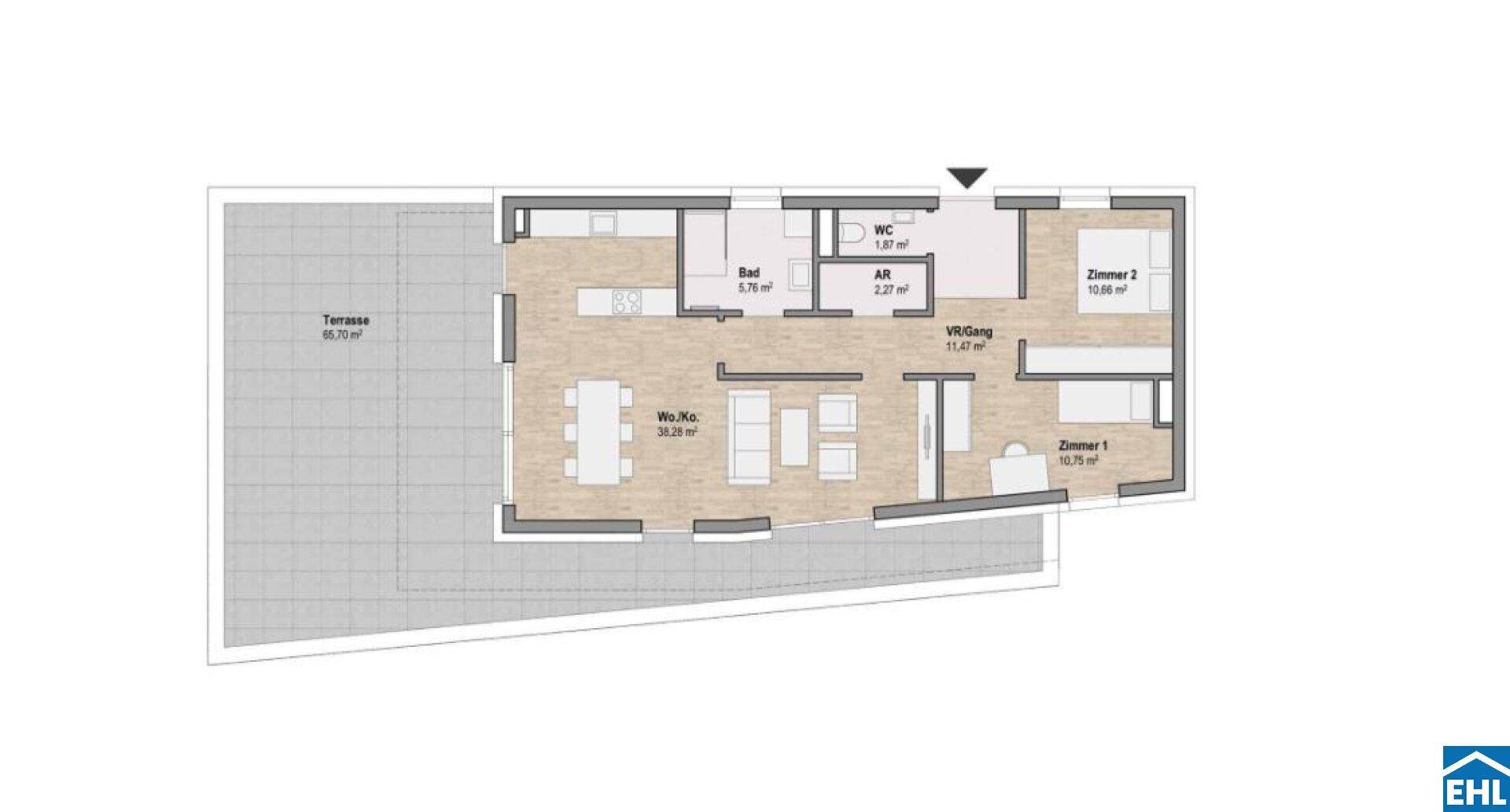 Grundrissplan einer Wohnung mit offener Wohnküche, zwei Schlafzimmern, Bad, separatem WC und großer Terrasse.