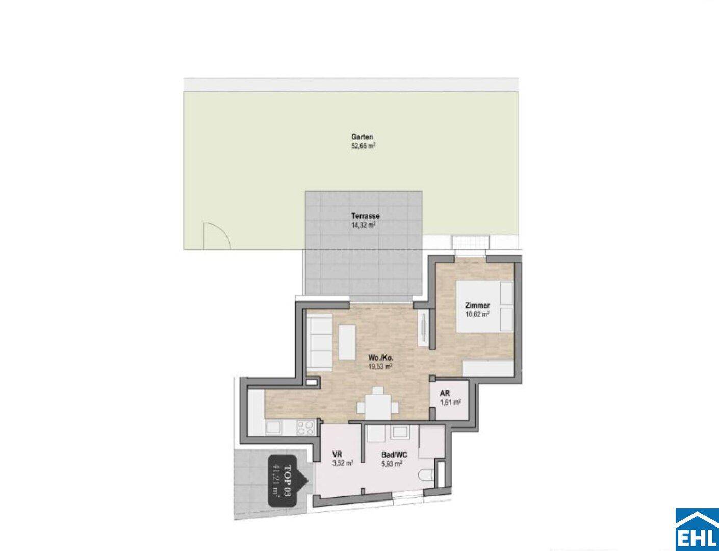 Grundriss einer Erdgeschosswohnung mit offenem Wohn-Kochbereich, einem Schlafzimmer, Bad, Terrasse und privatem Garten.