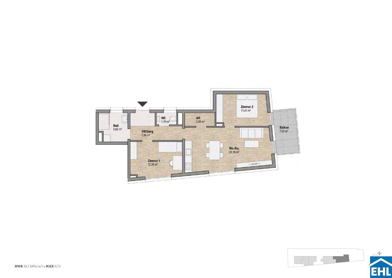 Grundriss einer Wohnung mit offenem Wohnbereich, zwei Schlafzimmern, Bad, separatem WC und Balkon.